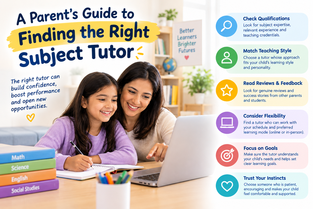 A child attends an online tuition class, highlighting flexible schedules, expert tutors, learning from anywhere, and a comfortable study environment.