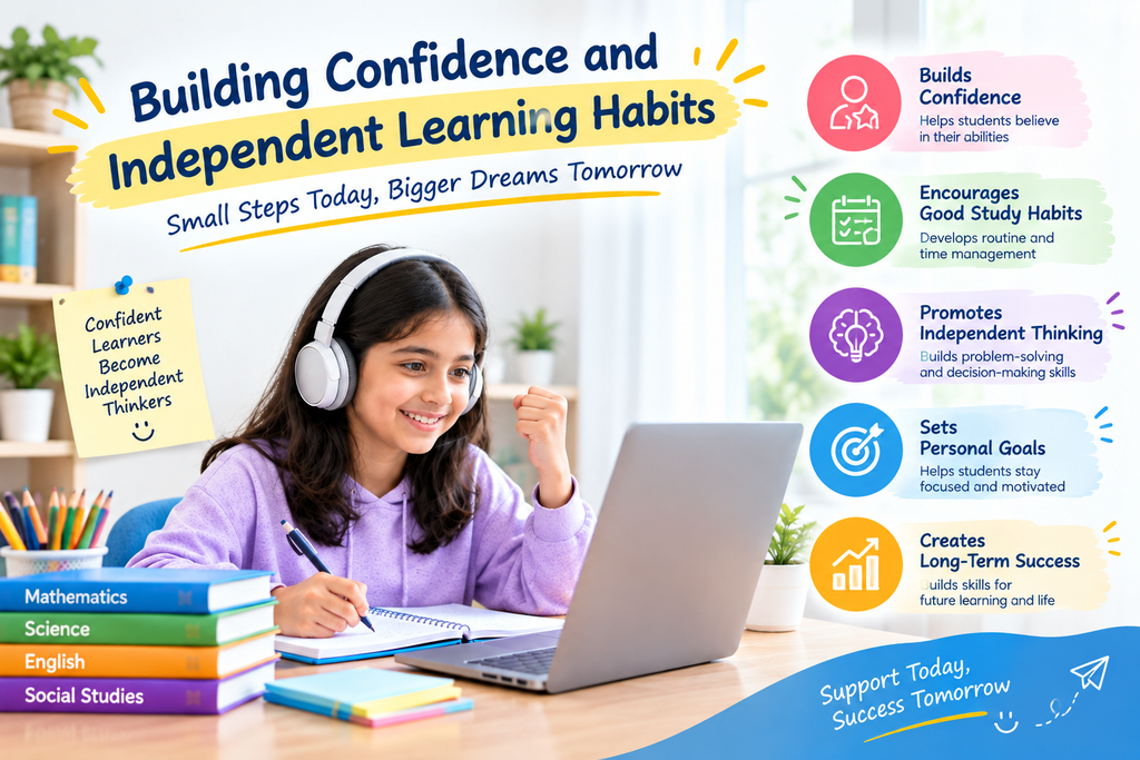 A student building confidence and independent learning habits through online learning, effective study routines, goal setting, problem-solving