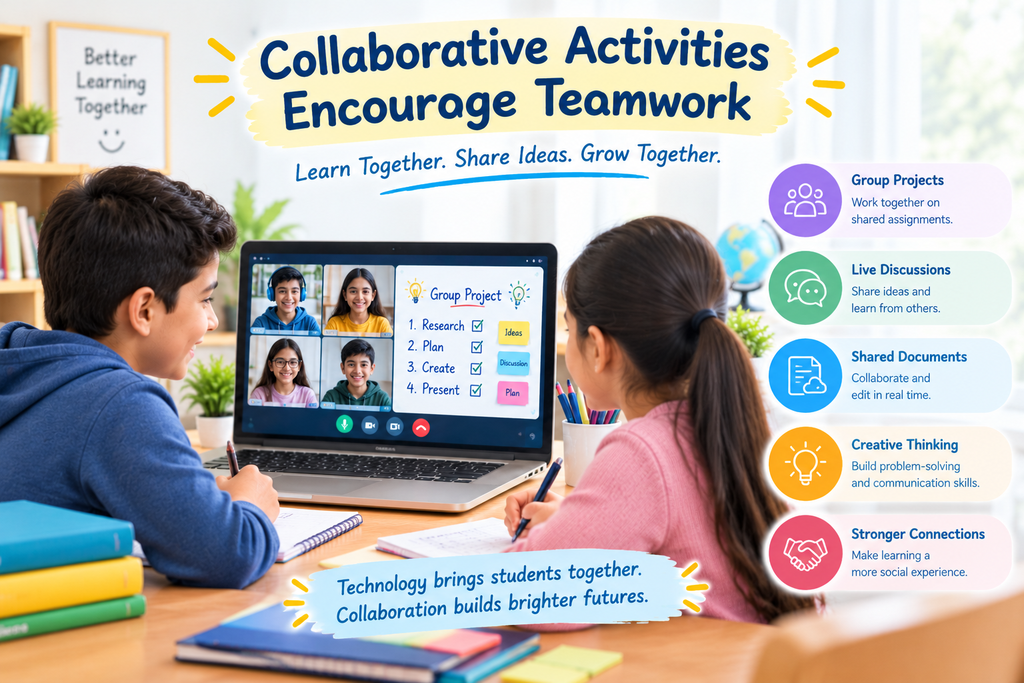 Students collaborating in an online classroom through group projects