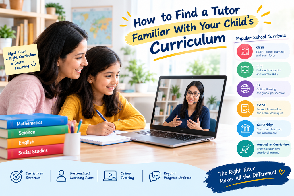 A parent and child learning with an online tutor familiar with their school curriculum, including CBSE, ICSE, IB, IGCSE, Cambridge, and Australian