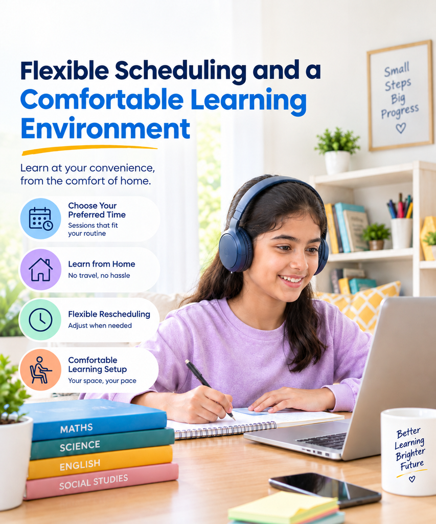 Student learning comfortably at home with flexible online classes, a laptop, and study materials.