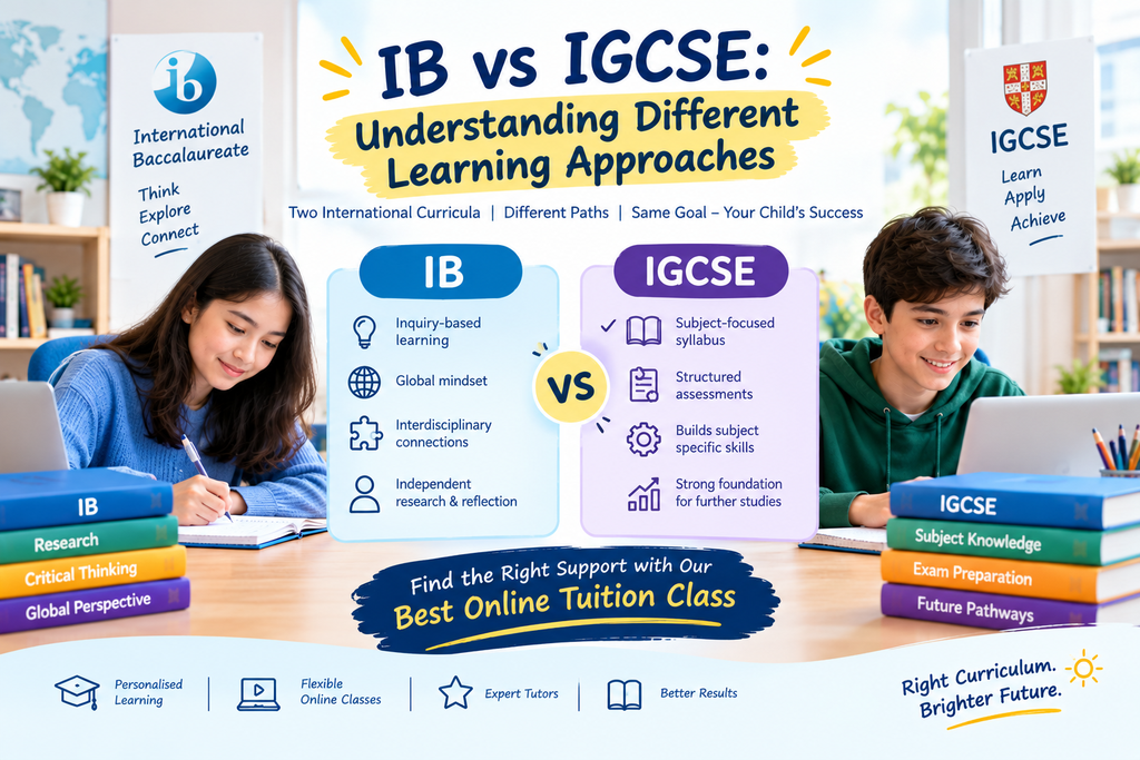 IB vs IGCSE learning approaches compared, highlighting inquiry-based learning, critical thinking, structured subject learning, assessment preparation