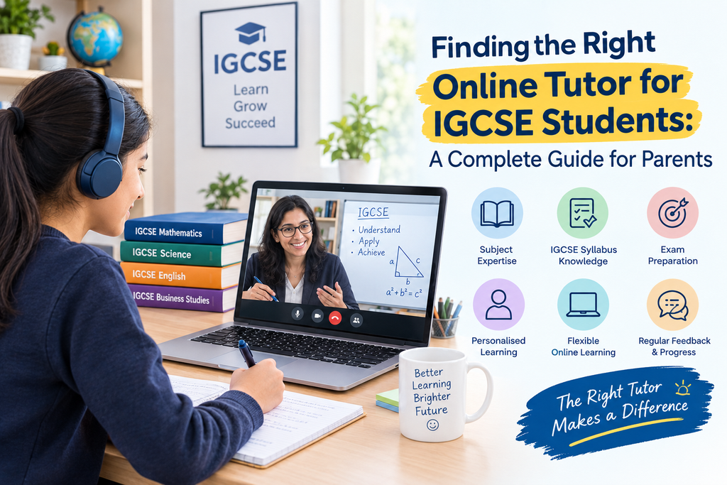 Online tutor helping an IGCSE student prepare for international curriculum exams through a live online lesson.