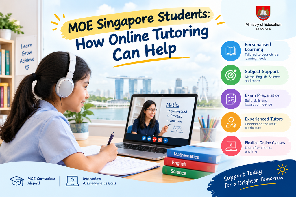 Online tutoring for MOE Singapore students featuring personalised learning, Maths, English and Science support, exam preparation, and flexible online classes.