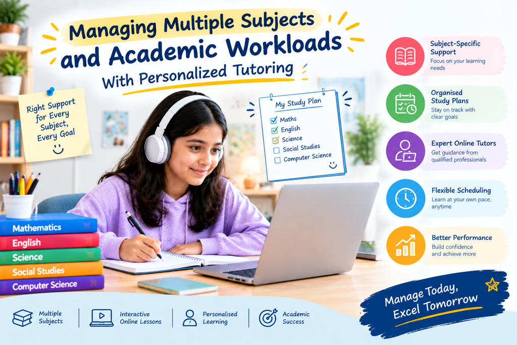 Student managing multiple subjects and academic workloads through personalised online tutoring, organised study plans