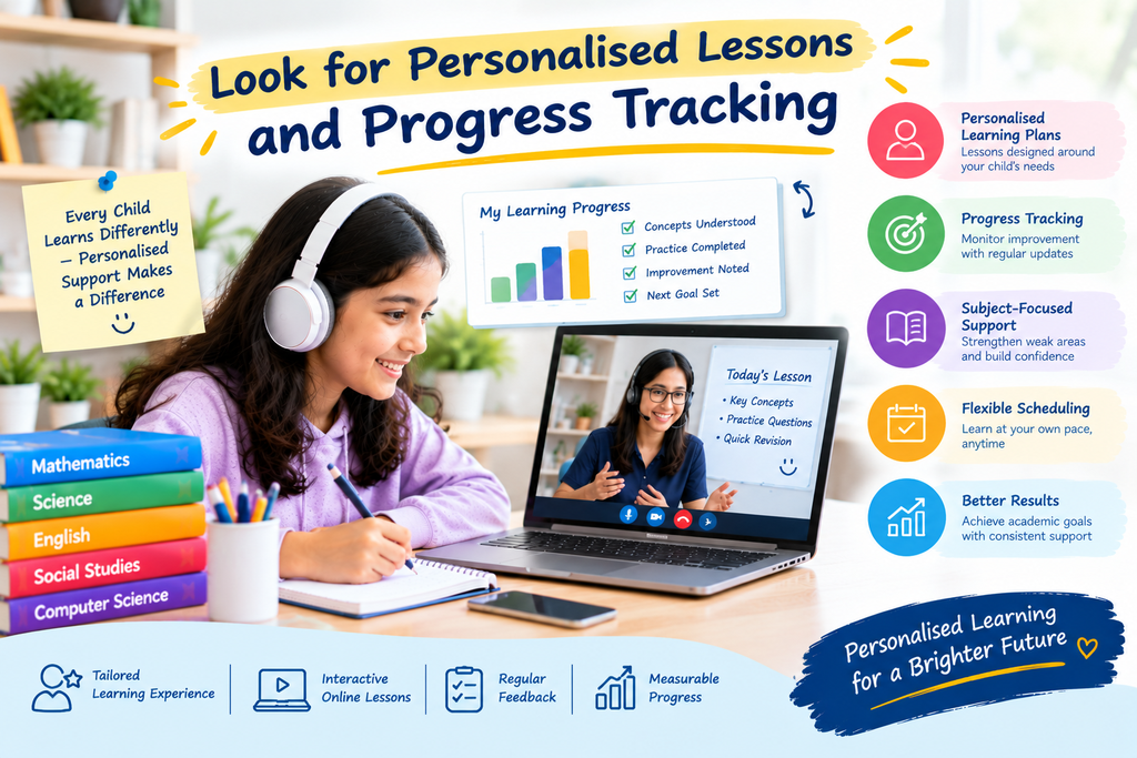 Online tutoring session featuring personalised lessons, student progress tracking, regular tutor feedback, and customised learning plans