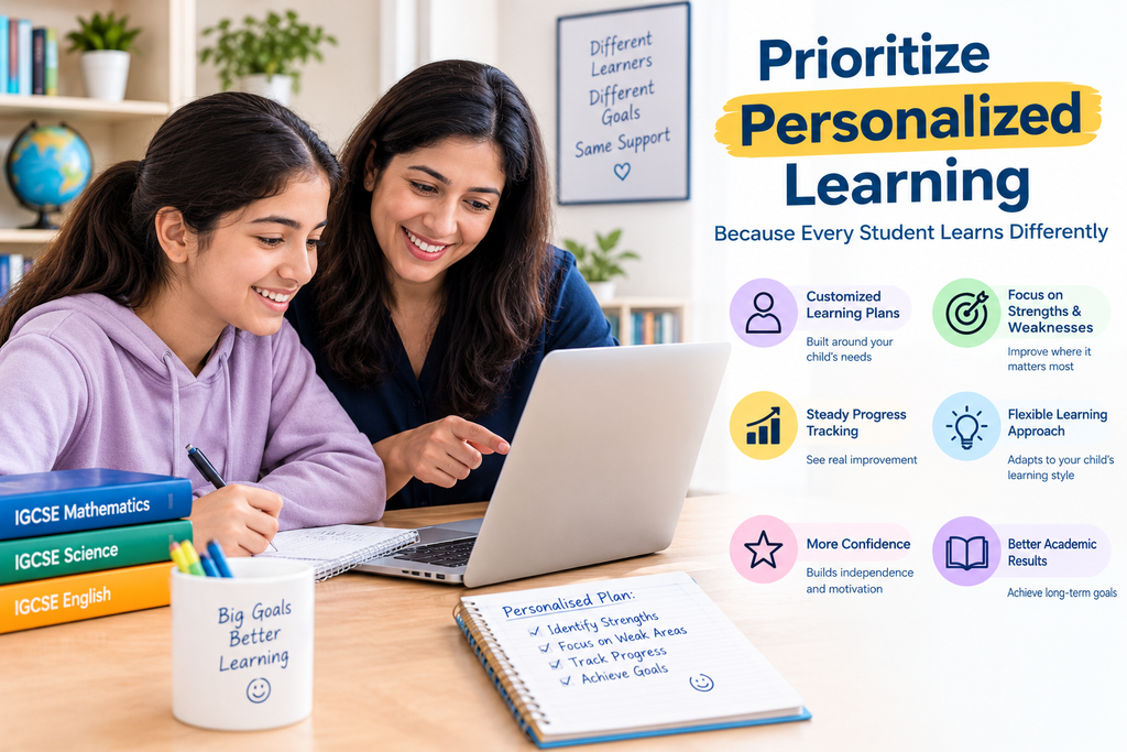 Personalized online learning with a tutor helping a student improve strengths, address weaknesses, and track academic progress.