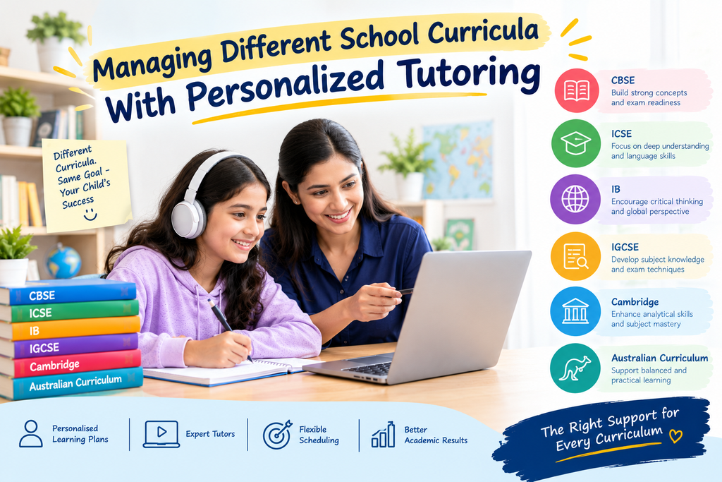 Personalised online tutoring helps students manage different school curricula, including CBSE, ICSE, IB, IGCSE, Cambridge, and Australian