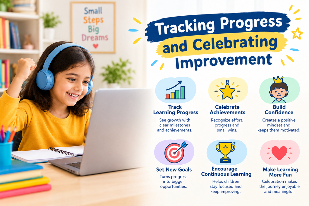 A child enjoys online learning with a laptop, highlighting engaging content, personalized lessons, interactive tools, flexible schedules, and supportive guidance.